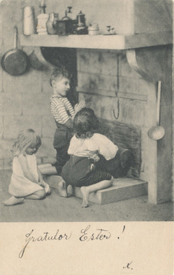 Lapset uunin äärellä - vanha Carte Postale