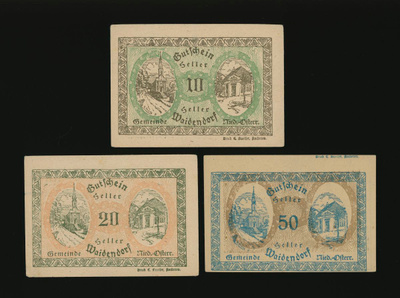 Itävalta Notgeld 10, 20, 50 Heller, Waidendorf 1920