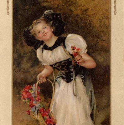 LAPSET / lloinen viktoriaanisen ajan tyttö, kukkia. 1910-l.