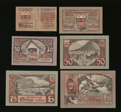 Itävalta Notgeld 10, 20, 30, 50, 75, 90 Heller, Woergl 1920