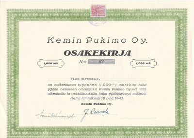 OKK 1943 Kemin Pukimo Oy, Kemi osakekirja