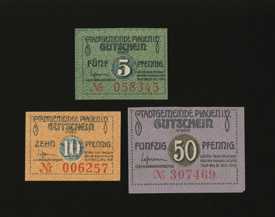 Saksa Notgeld 5, 10, 50 Pfg, Plauen 1919