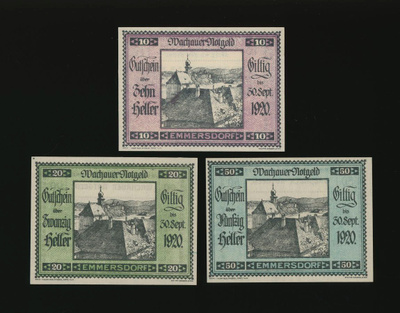 Itävalta Notgeld 10, 20, 50 Heller, Emmersdorf 1920