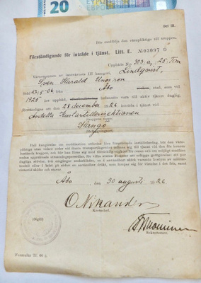 VANAH Kutsuntatodistus 1926 Rannikkotykistö