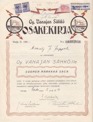 OKK 1941 Vanajan Sähkö Oy, Vanaja osakekirja