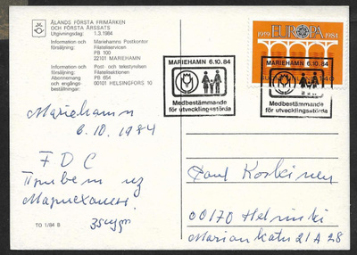Mariehamn - Medbesstämmande för utvec...(FDC) 6.10.1984