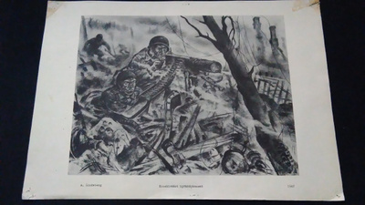 Konekivääri Hyökkäyksessä Jatkosota A.Lindeberg 1942 Piirros