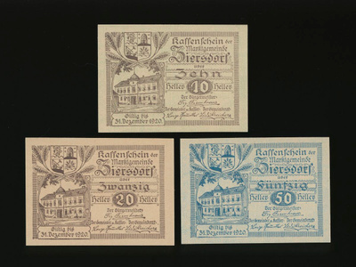 Itävalta Notgeld 10, 20, 50 Heller, Ziersdorf 1920