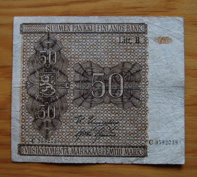 Sota-ajan seteli 50 markkaa 1945 Suomen pankki, LItt B
