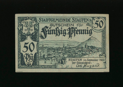 Saksa Notgeld 50 Pfg, Staufen 1920 XF