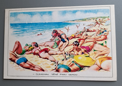 huumori:mies etsii uimarannalla vaimoaan, kulkenut 1977