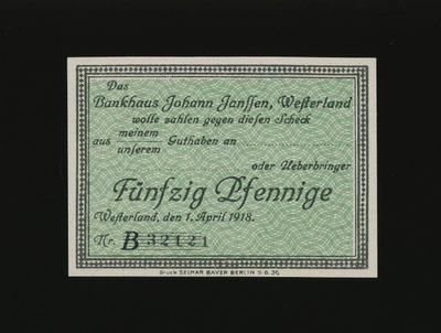 Saksa Notgeld 50 Pfennig, Westerland 1.4.1918