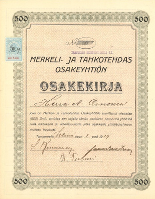 OKK 1919 Merkeli- ja Tahkotehdas Oy, Tampere osakekirja