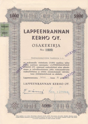 OKK 1952 Lappeenrannan Kerho Oy, Lappeenranta osakekirja