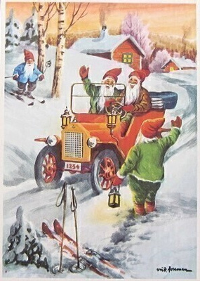 Tontut autoajelulla Joulukortti