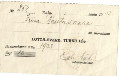 Kuitti Lotta-Svärd jäsenmaksu vuodelta 1933