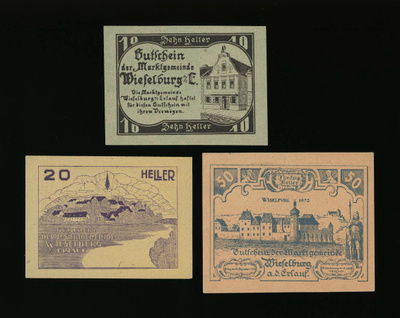 Itävalta Notgeld 10, 20, 50 Heller, Wieselburg 1920