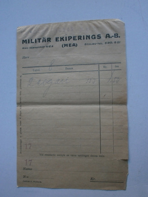 Kuitti "Militär Ekipering", Tukholma, 1918