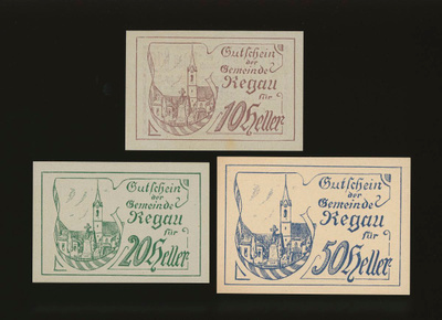 Itävalta Notgeld 10, 20, 50 Heller, Regau 1920