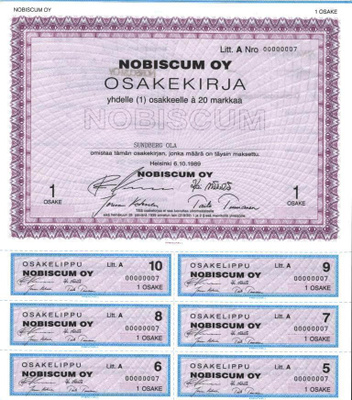 OKK 1989 Nobiscum Oy, Helsinki pörssi osakekirja nro 0000007