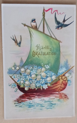 Purjevene täynnä kieloja ja lemmikeitä onniteluina, p. 1915