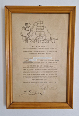 Kastetodistus 1934 Suomen Joutsen Me Neptunus