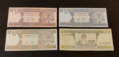 Afganistan 1, 2, 5, 10 Afghanis 2002-22, P64-P67, UNC