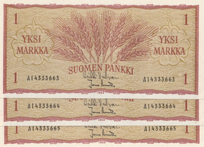 1 markka 1963 sarja AI VAL-Ara 3 peräkkäistä numeroa pakkas