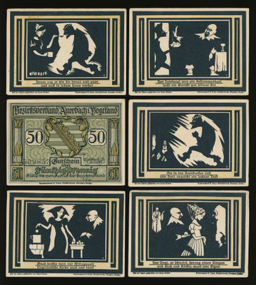 Saksa Notgeld 3 x 50, 3 x 75 Pfg, Auerbach 1921