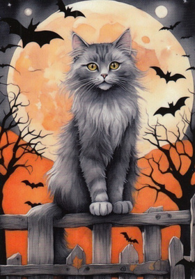 Halloween harmaa kissa istuu aidalla