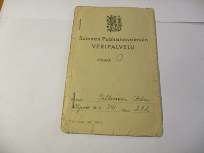 1944 Puolustusvoimain Veripalvelu luovutuskortti 1941-1944