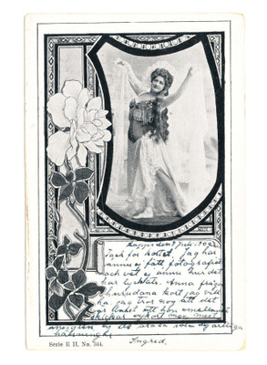 Nainen kehyksessä - vanha Carte Postale, kulk. 1902