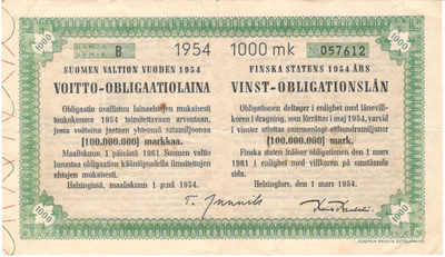 OKK Voitto-obligaatiolaina 1954 II 1.3.1945 1 000 mk
