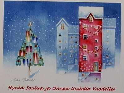Kerrostalot ja joulukuusi Joulukortti