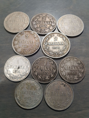 Suomalaiset kolikot, markka, 10kpl. hopeaa.