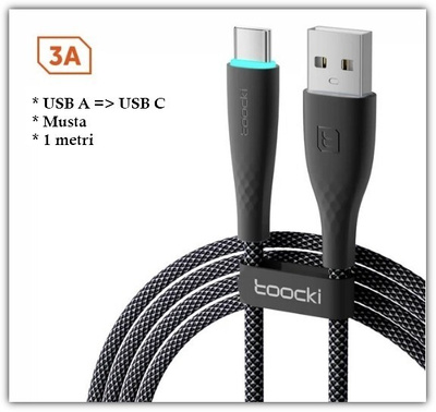 Musta Toocki USB A - USB C data/pikalatauskaapeli /1m #29015