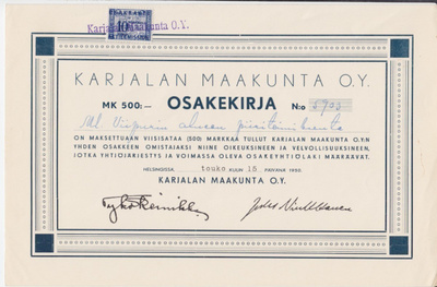 OKK 1950 Karjalan Maakunta Oy, Helsinki osakek Tyko Reinikka
