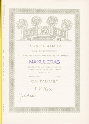 OKK 1950 Tammet Oy bla, Tammisaari osakekirja