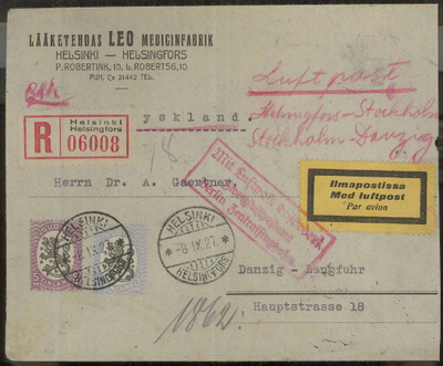 M17 5 mk hr B W1 ja 3mk hr R-lentokirje Danzigiin 1927
