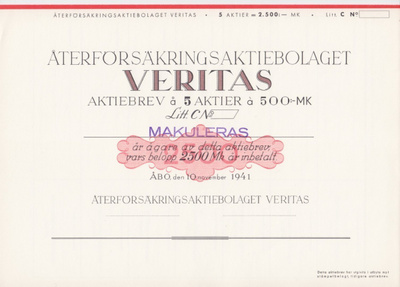 OKK 1941 VERITAS Återförsäkrings Ab bla, Turku osakekirja