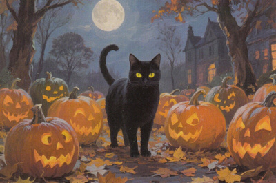 Halloween musta kissa kurpitsojen keskellä