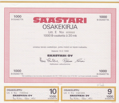 OKK 1988 Säästäri Oy spec, Helsinki osakekirja