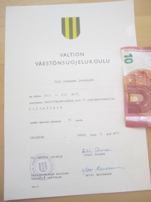 VANHA Todistus Väestönsuojelukoulu 1972