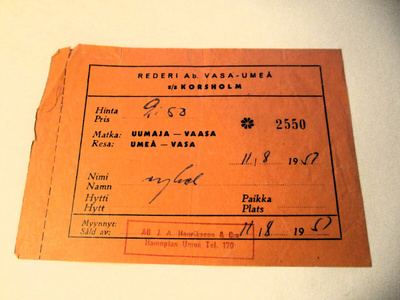 1951 Laivalippu Uumaja-Vaasa Rederi Ab. Vasa -Umeå