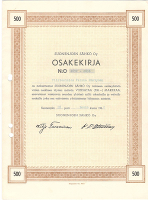 OKK Osakekirja Suonenjoen Sähkö Oy 28.5.1962