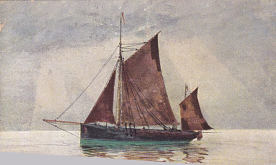 Purjevene, maalaus, wanhakortti b480