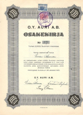 OKK 1931 Auri Oy, Helsinki osakekirja ravintola