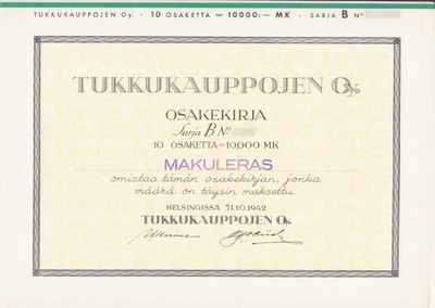OKK 1942 Tukkukauppojen Oy ( TUKO) bla, Helsinki osakekirja