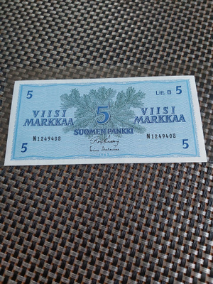 Pakka sileä 5mk Litt.B seteli 1963