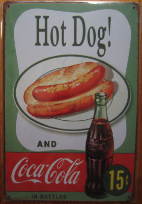 Hot dog! and Coca Cola (retro) - Metallinen taulu 20x30cm